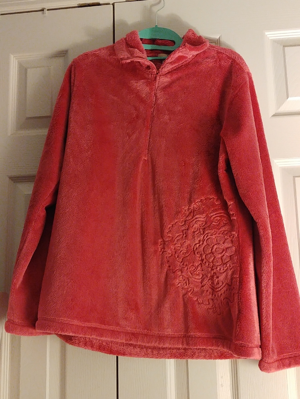 Ascend Plush Coral Half-Zip Pullover with Embroidered Medallion Detail